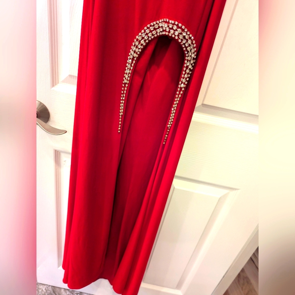 NWT Ieena For Mac Duggal Red Halter high slit long maxi dress rhinestone gown 8 - Picture 7 of 16